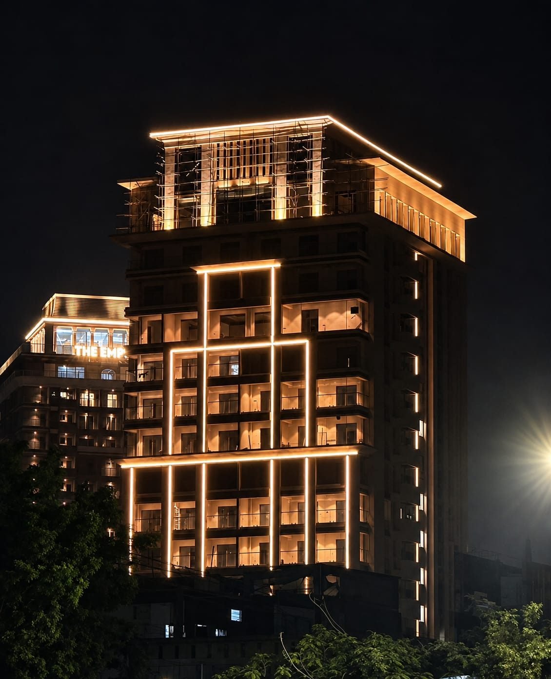 Tower with grid pattern facade lighting